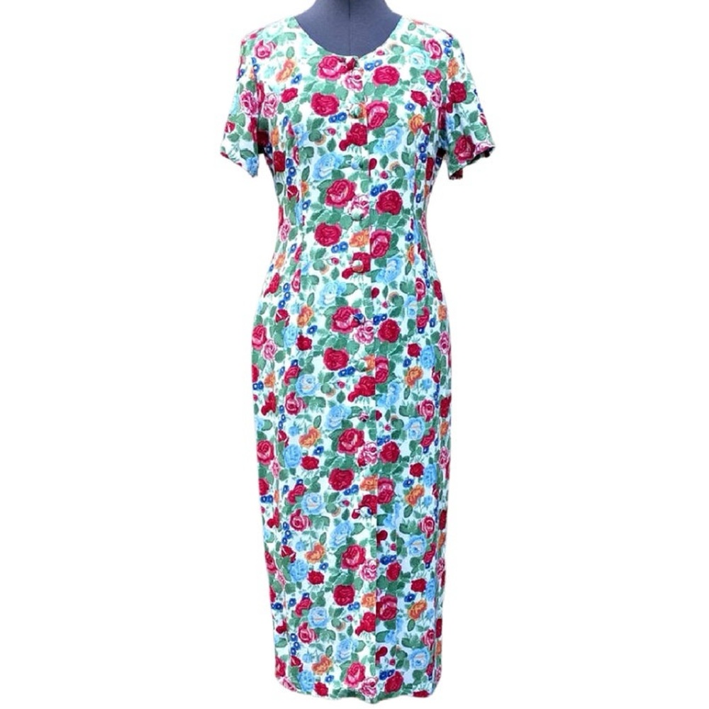 cleo Floral Midi Dress in Mint, Pink, Red